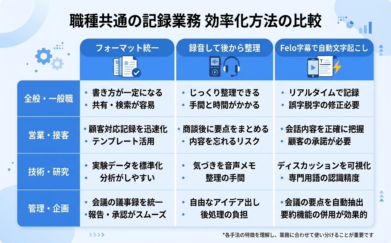 職種共通の記録業務効率化3方法の比較インフォグラフィック｜仕事の種類と生産性向上