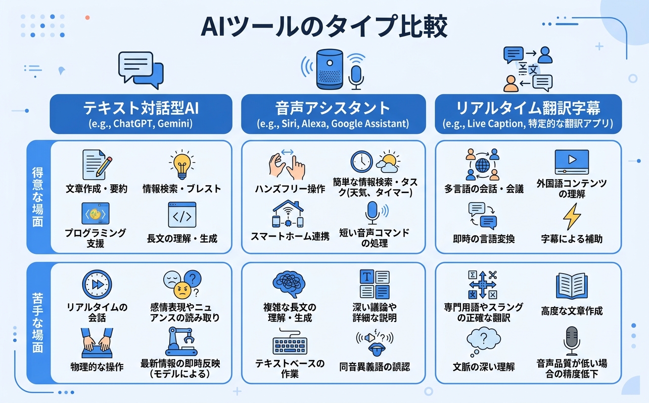 テキスト対話型AI・音声アシスタント・リアルタイム翻訳字幕の比較インフォグラフィック|対話型AIの選び方