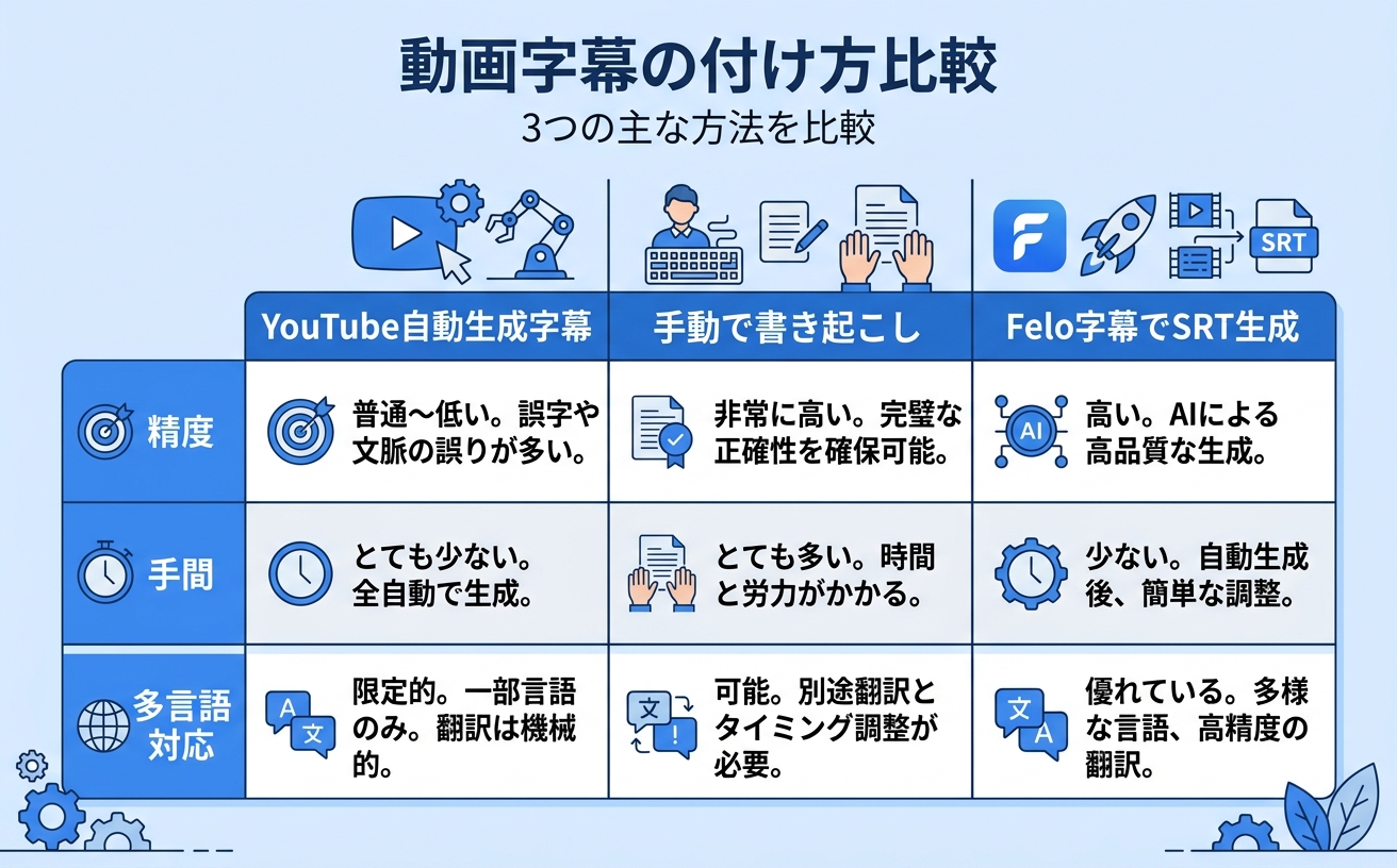 動画字幕の付け方3つを比較するインフォグラフィック|YouTube 動画投稿の字幕戦略